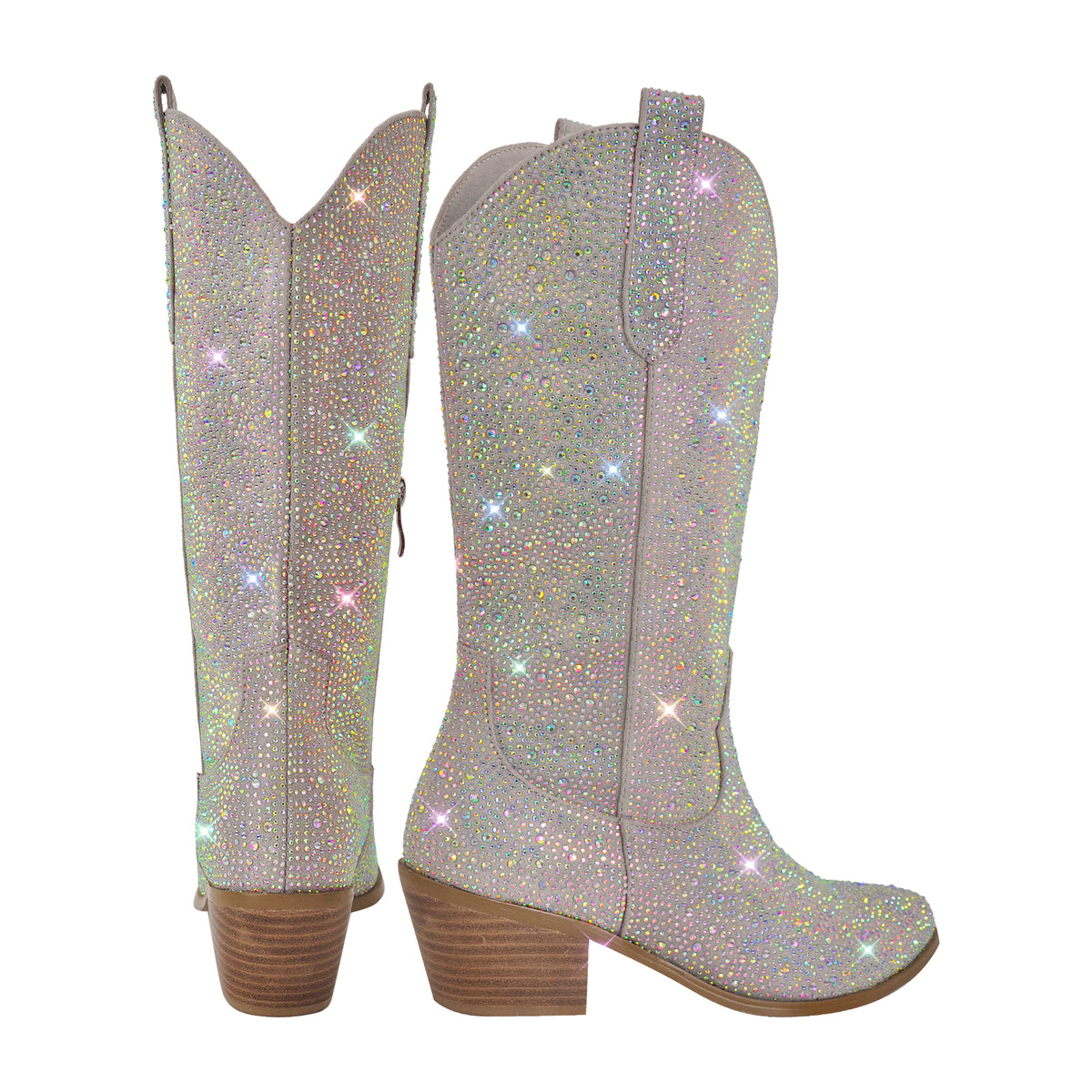 Sparkly Rhinestones Cowboy Cowgirl Boots Calf High Pull On