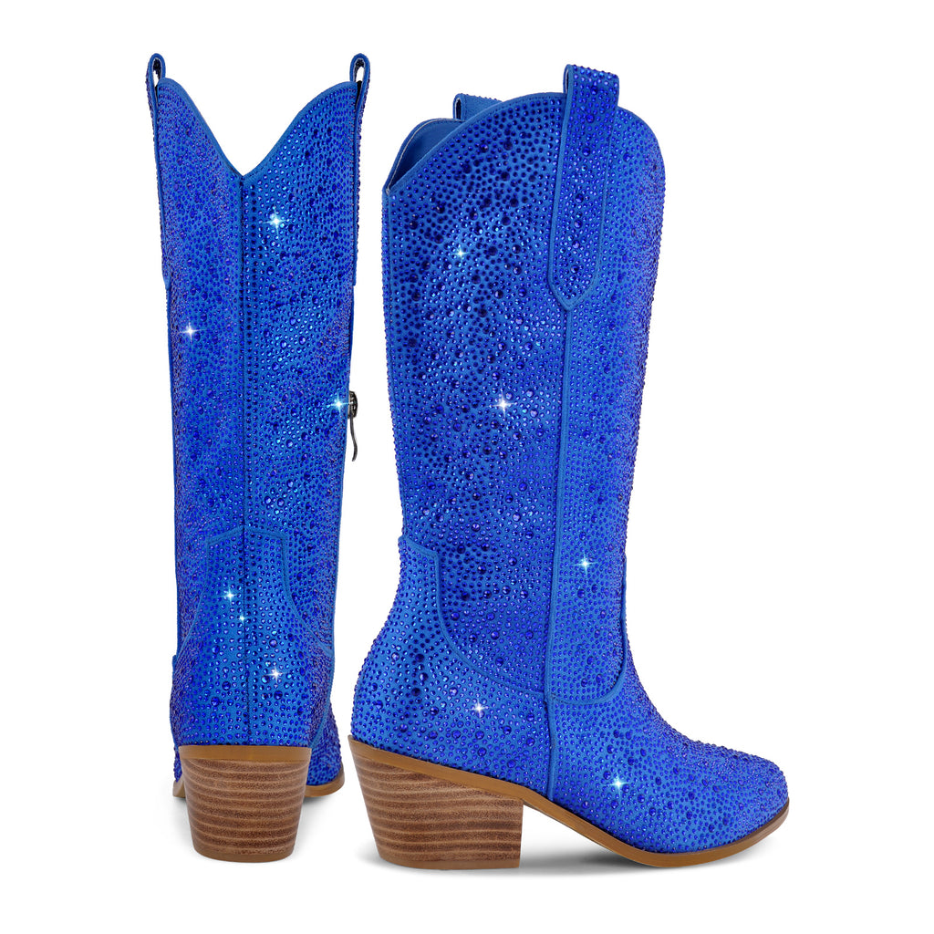 Sparkly Rhinestones Cowboy Cowgirl Boots Calf High Pull On