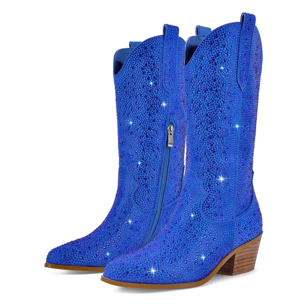 Sparkly Rhinestones Cowboy Cowgirl Boots Calf High Pull On