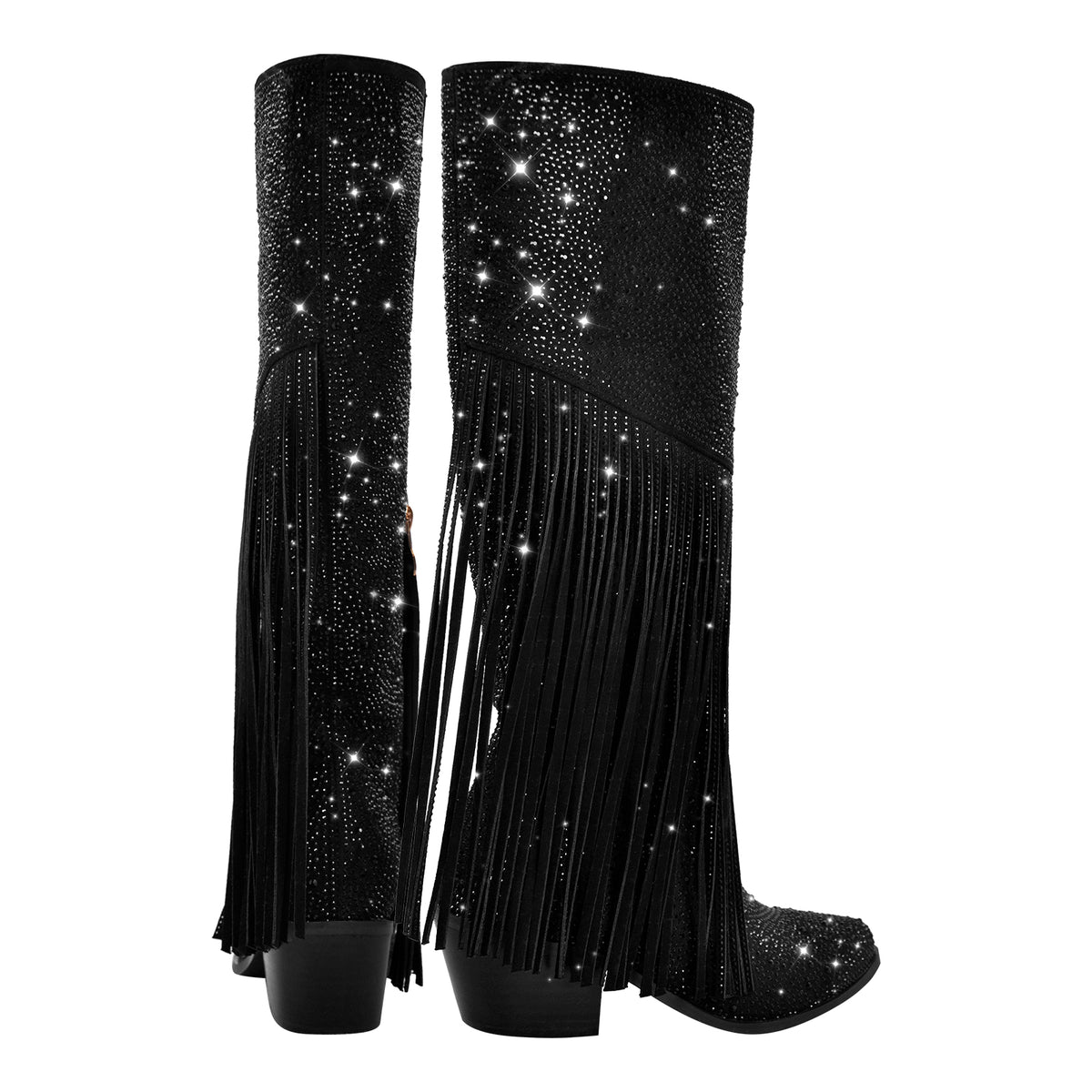 Calf High Knee High Boots for Women Sparkle Rhinestones Clear Gems Shining Comfortable Tabs Pull-On Boots Fringe Tassel