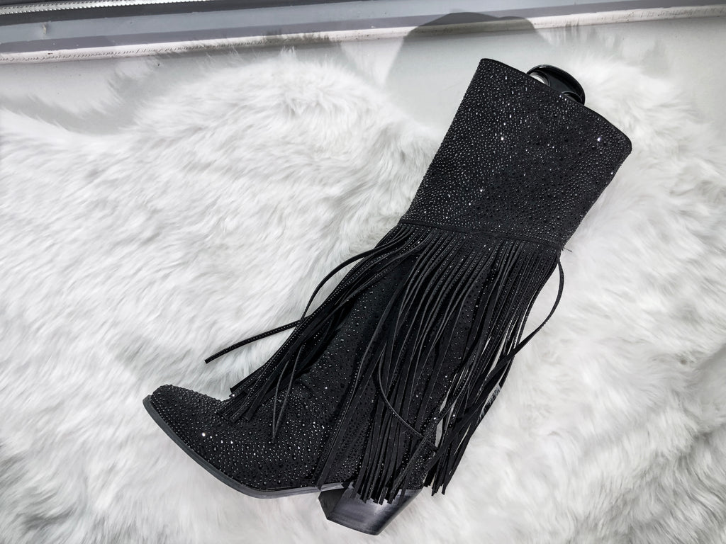 Calf High Knee High Boots for Women Sparkle Rhinestones Clear Gems Shining Comfortable Tabs Pull-On Boots Fringe Tassel