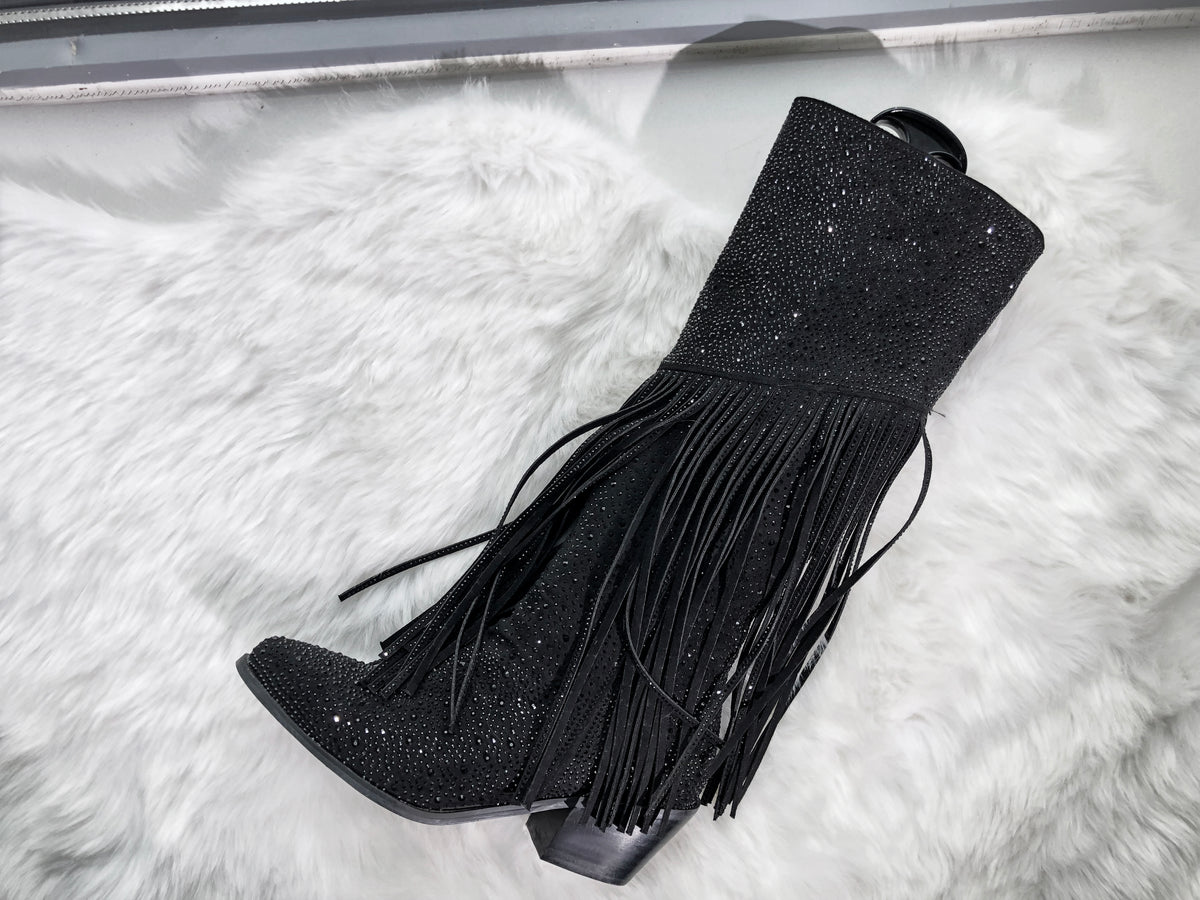 Calf High Knee High Boots for Women Sparkle Rhinestones Clear Gems Shining Comfortable Tabs Pull-On Boots Fringe Tassel