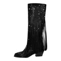 Calf High Knee High Boots for Women Sparkle Rhinestones Clear Gems Shining Comfortable Tabs Pull-On Boots Fringe Tassel