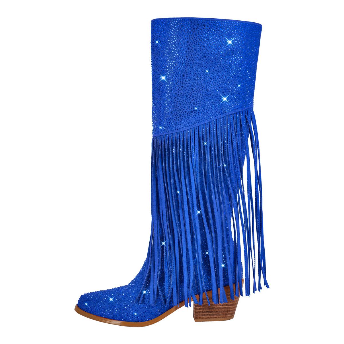 Calf High Knee High Boots for Women Sparkle Rhinestones Clear Gems Shining Comfortable Tabs Pull-On Boots Fringe Tassel