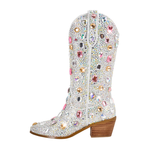 Sparkly Rhinestones Cowboy Cowgirl Boots Calf High Pull On