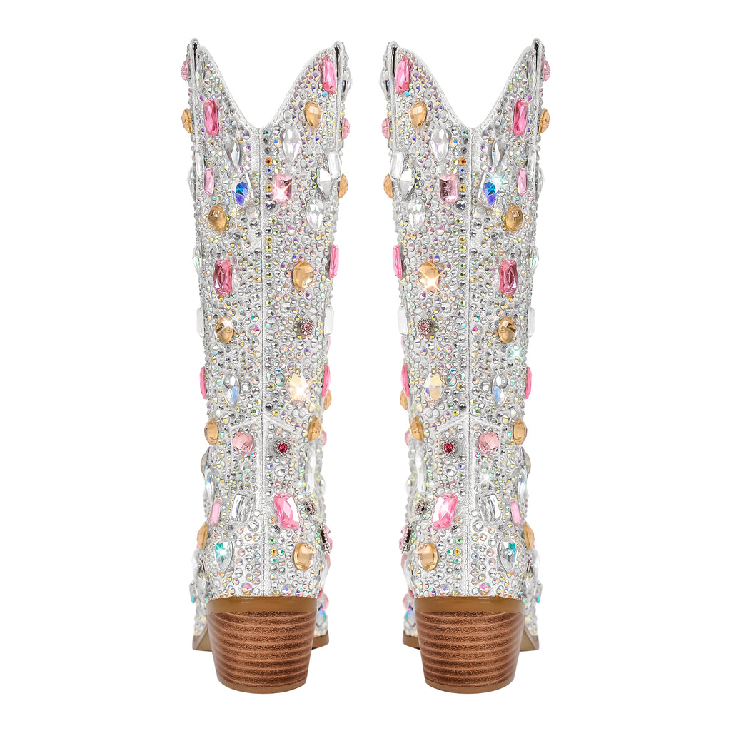 Sparkly Rhinestones Cowboy Cowgirl Boots Calf High Pull On