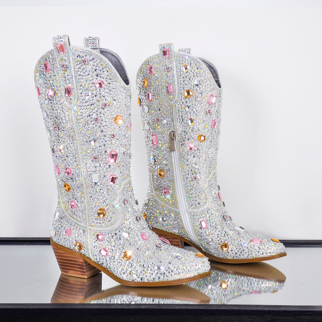 Sparkly Rhinestones Cowboy Cowgirl Boots Calf High Pull On