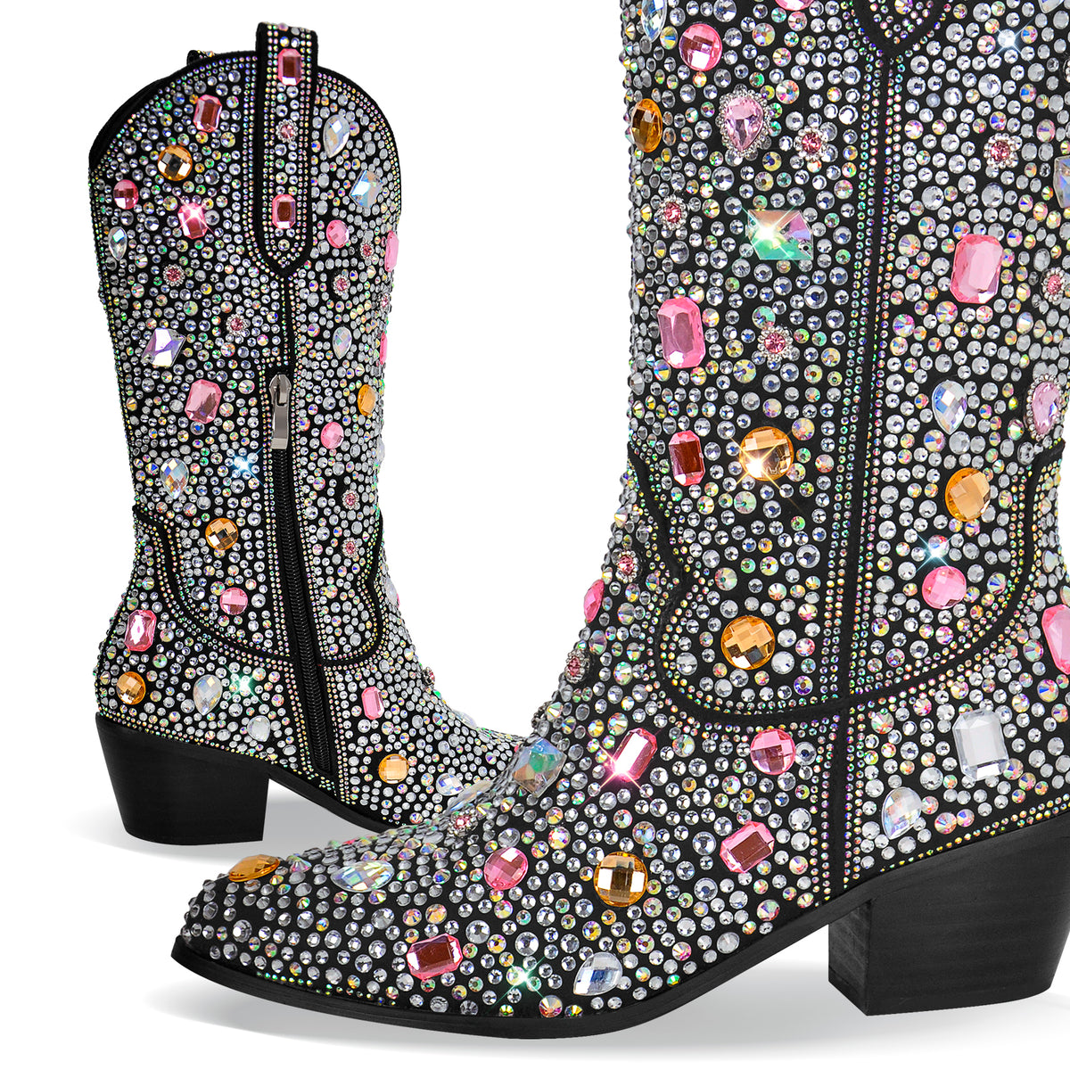 Sparkly Rhinestones Cowboy Cowgirl Boots Calf High Pull On