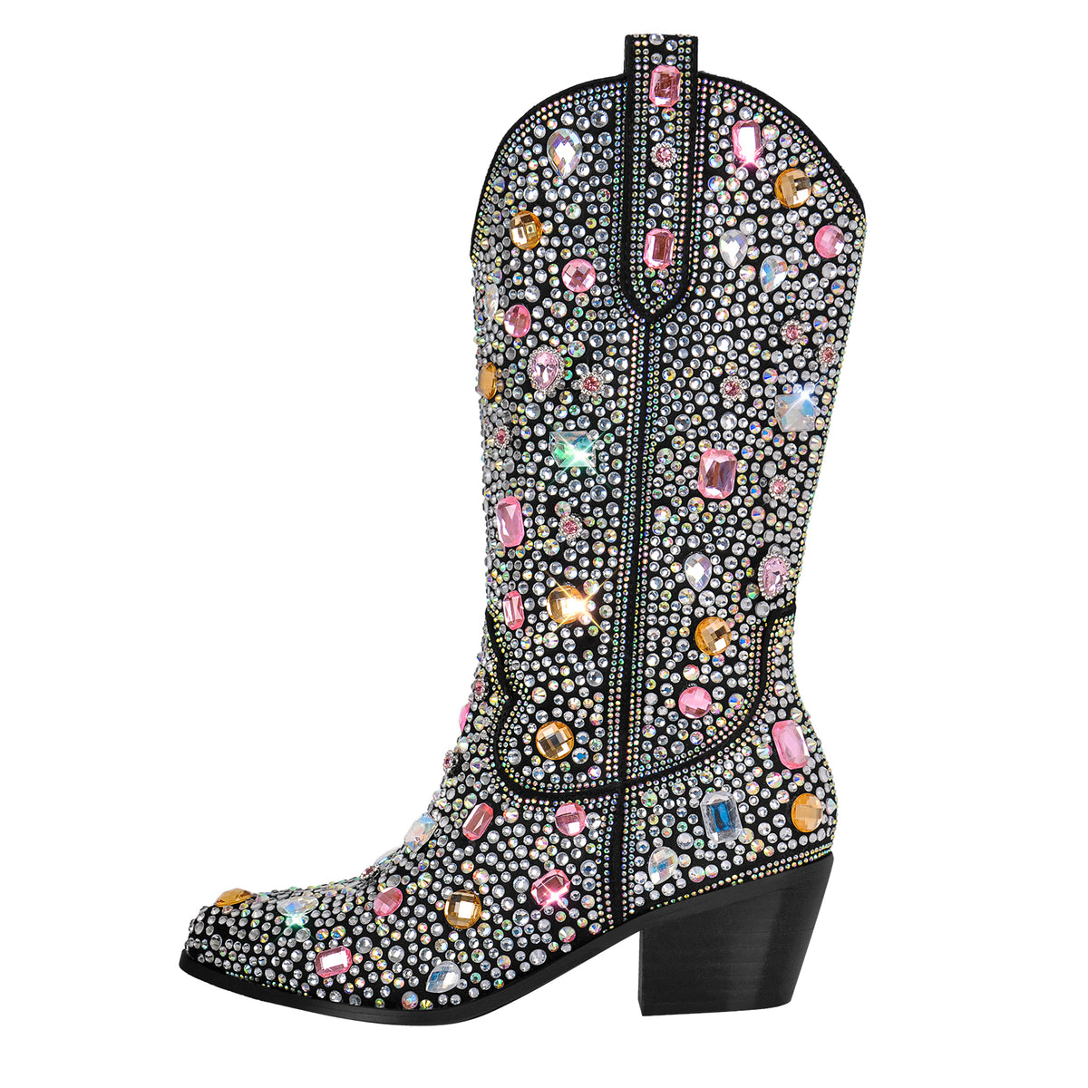 Sparkly Rhinestones Cowboy Cowgirl Boots Calf High Pull On