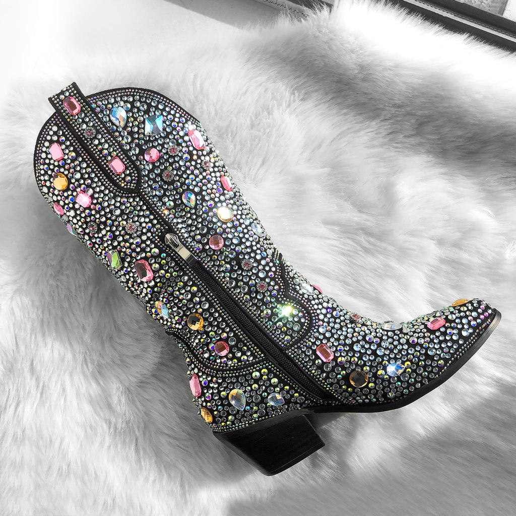 Sparkly Rhinestones Cowboy Cowgirl Boots Calf High Pull On