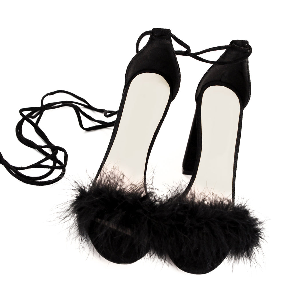 Women's Fuzzy Cozy Strappy Dress Artificial Feather Heeled Sandals