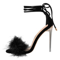 Women's Fluffy Clear High Heels Ankle Wrap Artificial Feather Sandals