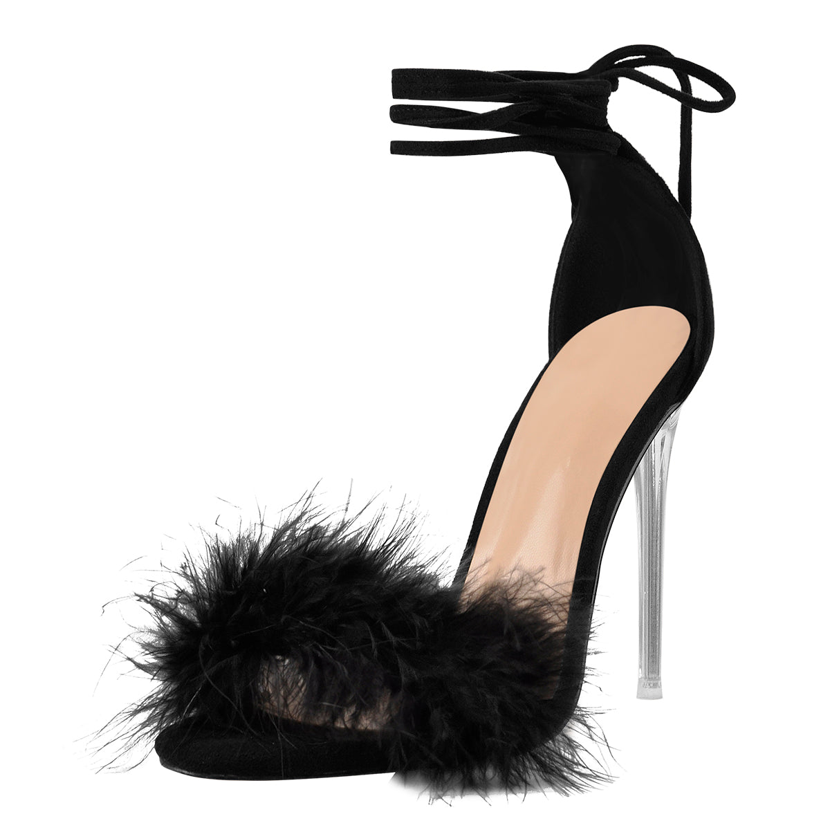 Women's Fluffy Clear High Heels Ankle Wrap Artificial Feather Sandals