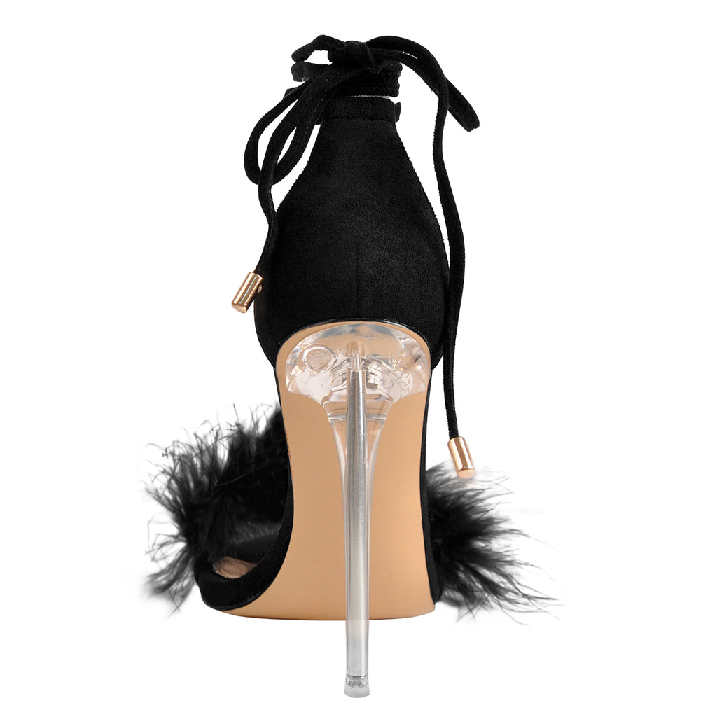 Women's Fluffy Clear High Heels Ankle Wrap Artificial Feather Sandals