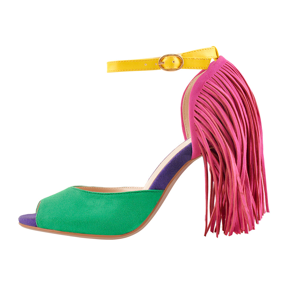 Women's Fringe Sandals Stiletto Heeled Tassel Peep Toe Multicolored