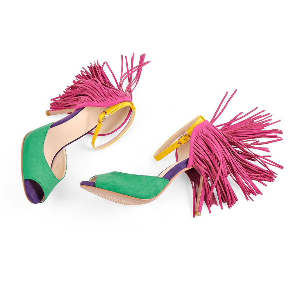 Women's Fringe Sandals Stiletto Heeled Tassel Peep Toe Multicolored